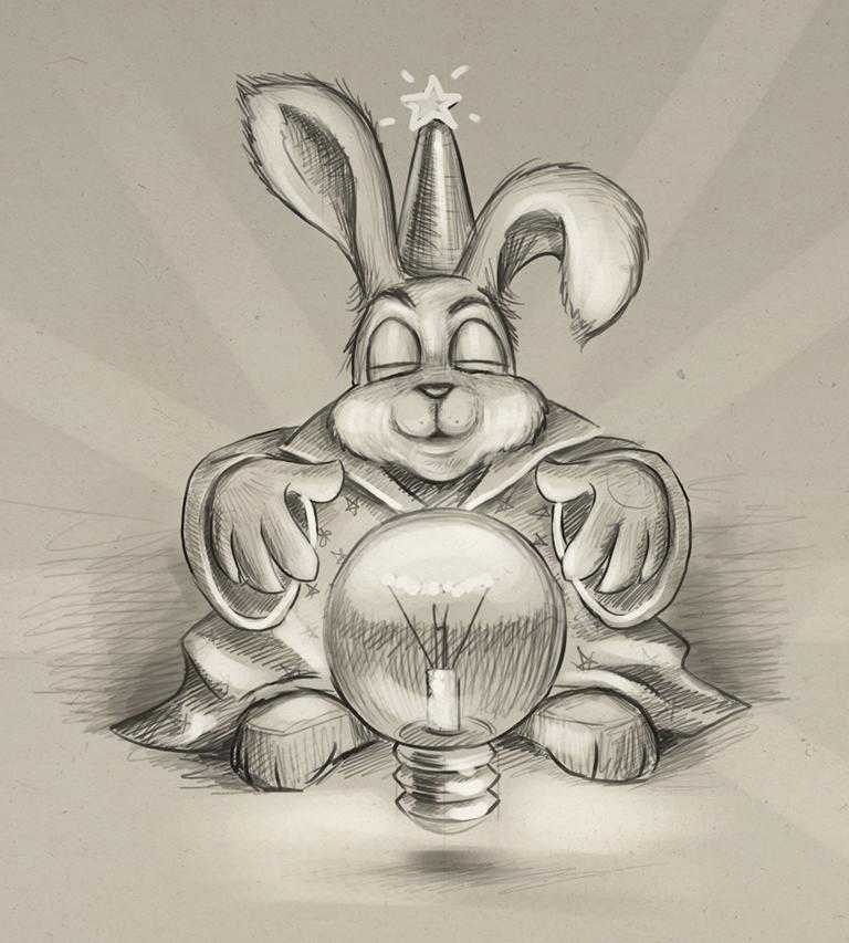 Illustration eines Zauberhasen mit Zauberhut und leuchtender Kristallkugel
